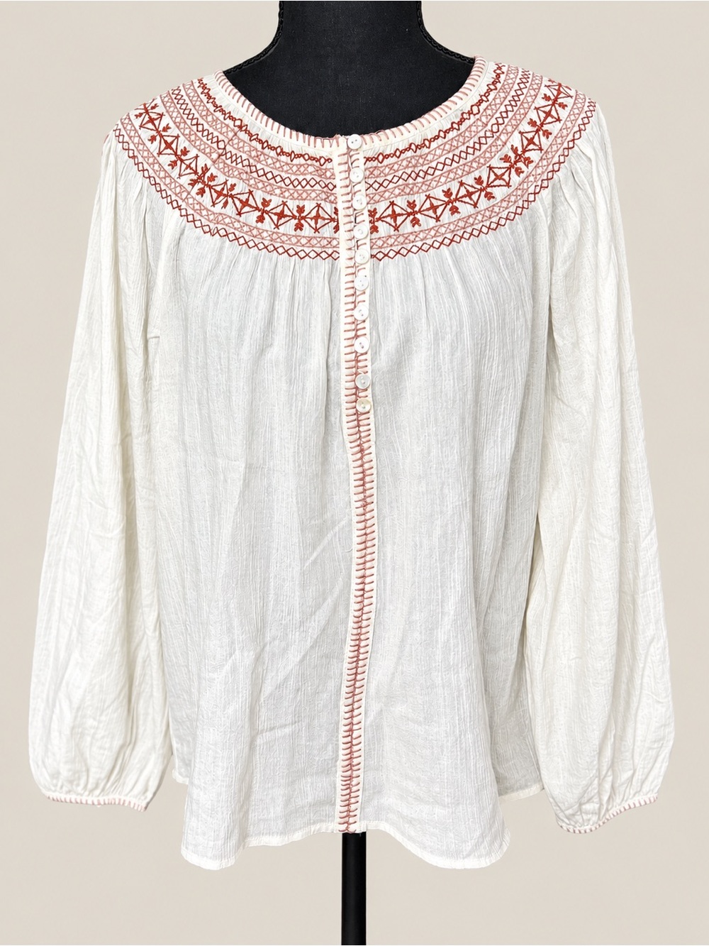 Madewell Embroidered Peasant Blouse Ivory Rust Boho Cotton Size M